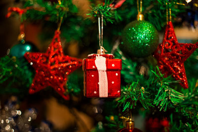 Close-up of christmas decoration hanging on tree