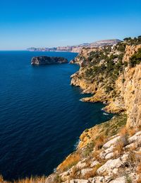 Scenic view of sea against clear blue sky