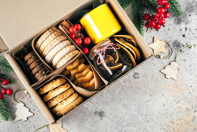 High angle view of fruits in box on table