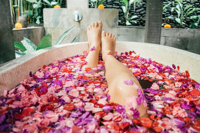 Low section of woman relaxing on plant