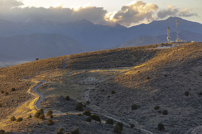 Scenic view of land and mountains against sky