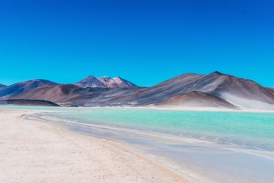 Scenic view of desert against clear blue sky