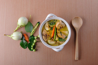 High angle view of soup in bowl on table