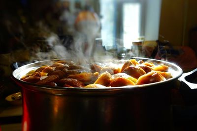 Close-up of food served on table