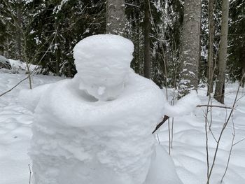 Snow covered statue on field during winter