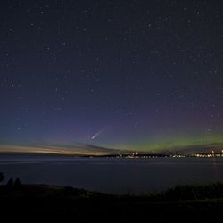 Scenic view of sea against star field at night