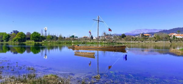 Scenic view of lake against clear blue sky