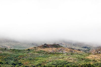 Scenic view of landscape against sky during foggy weather