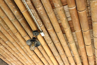 High angle view of bamboo hanging on wood