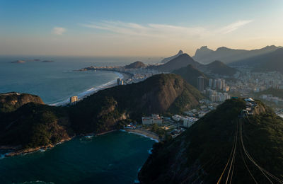 Amazing view of the coast of rio de janeiro in brazil seen from the sugar loaf mountain at sunset