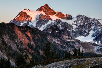 Scenic view of snowcapped mountains against clear sky