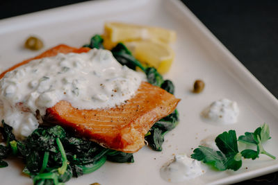 Close-up of breakfast served in plate