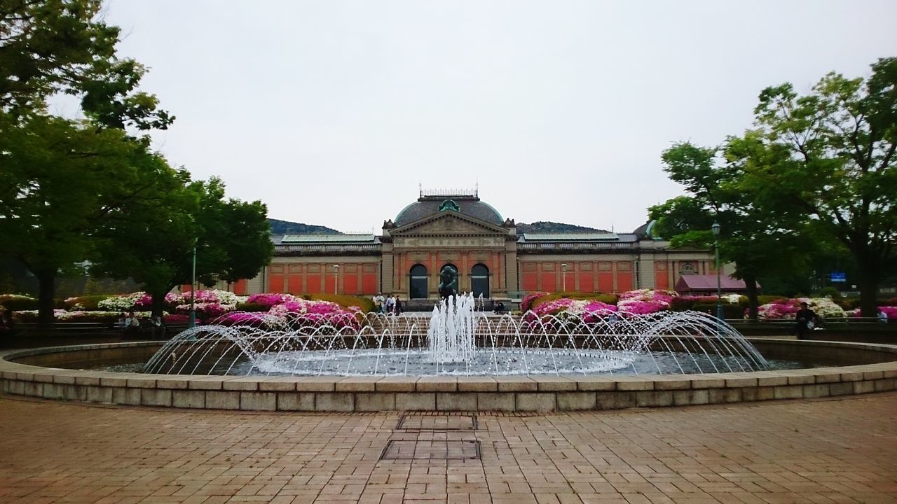 tree, built structure, architecture, building exterior, clear sky, travel destinations, day, sky, flower, park - man made space, outdoors, potted plant, incidental people, fountain, tourism, steps, sunlight, religion, growth, railing