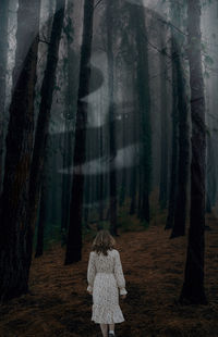 Woman standing by tree trunk in forest