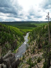 Scenic view of waterfall against sky