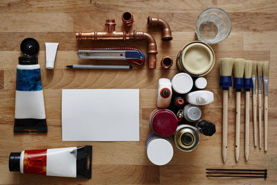 High angle view of bottles on table