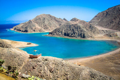 Scenic view of lake and mountains against clear blue sky