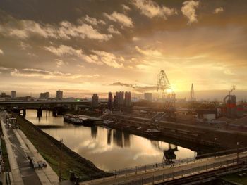 High angle view of bridges over rhine river at sunset