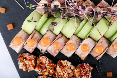 High angle view of various food on tray