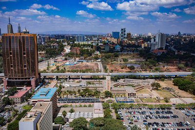 High angle view of cityscape against sky