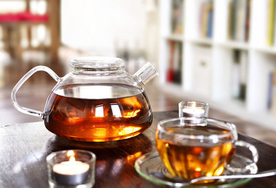 Close-up of tea in glass on table