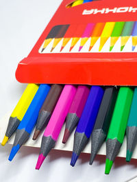 Close-up of colored pencils against white background