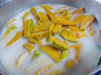 High angle view of chopped slices in plate