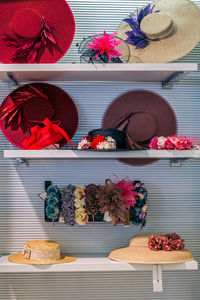 Close-up of hats on shelves