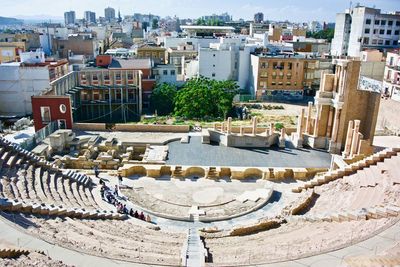 High angle view of buildings in city