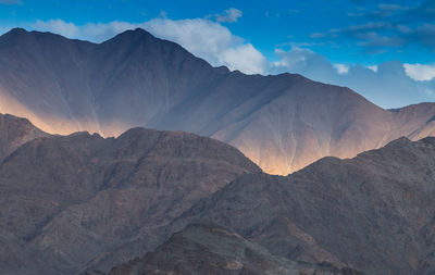 Scenic view of mountains against cloudy sky