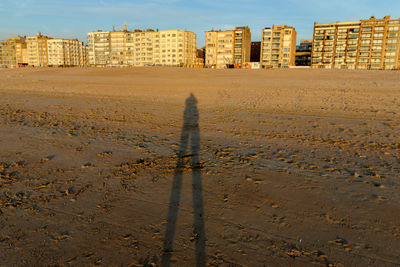 Shadow of person on sand at beach against sky