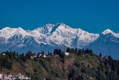 Scenic view of snowcapped mountains against blue sky