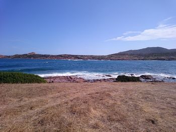 Scenic view of beach against blue sky