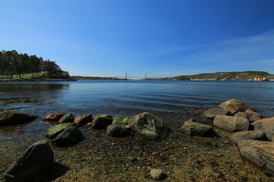 Scenic view of river against blue sky