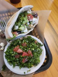 High angle view of food in plate on table