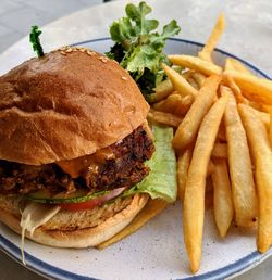 Close-up of burger on plate