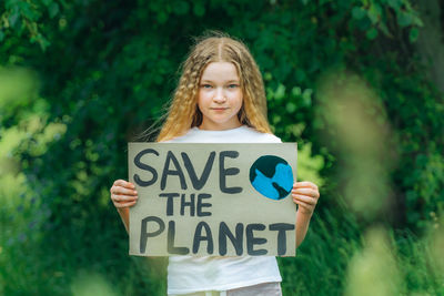 Teen save planet ecology poster school girl kid voted forest protection pollution nature future