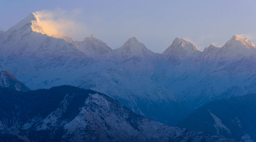 Scenic view of snowcapped mountains against sky