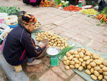 High angle view of fruits for sale at market stall