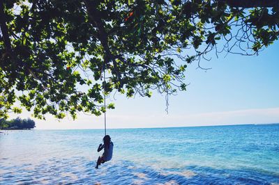 Woman on rope swing over sea