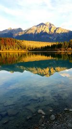 Scenic view of lake and mountains against sky