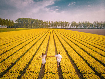 Rear view of people standing on field