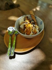 High angle view of food in bowl on table