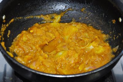 High angle view of meat in cooking pan