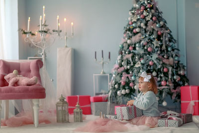 Christmas decorations on table at home