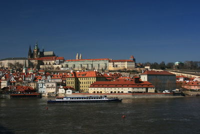 Buildings by river against sky in city