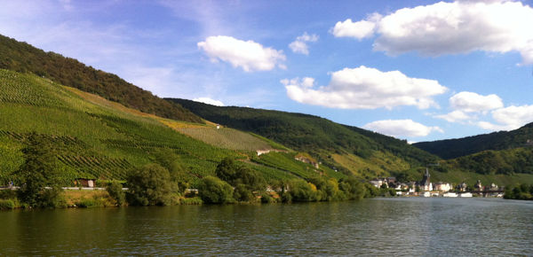 Scenic view of lake against cloudy sky