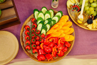 High angle view of fruits in bowl on table