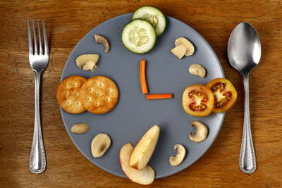 Directly above shot of food arranged in plate on table