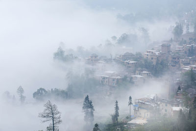 High angle view of trees and buildings against sky